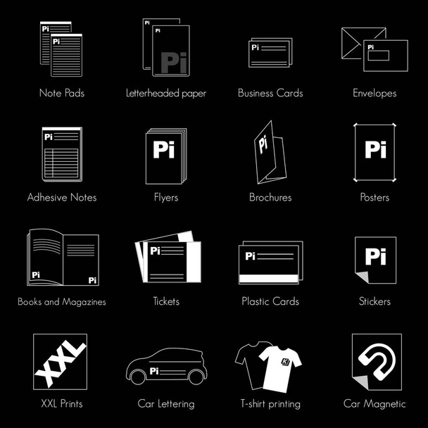 Vector printing icons on black background - Vector, Image