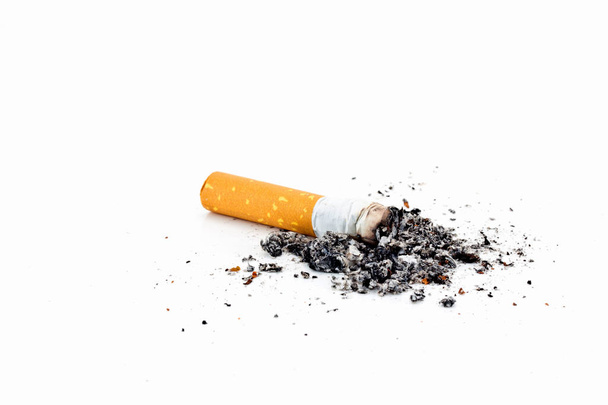 Single cigarette butt with ash isolated on white background  - Foto, afbeelding