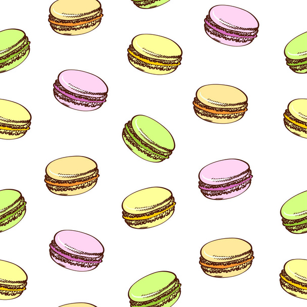 Seamless background with colored macaroons. Cartoon style. Isolated on a white. - Vector, Image