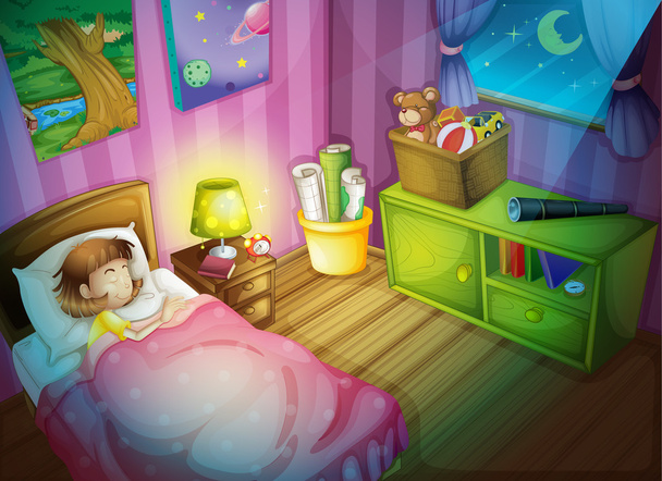 dívka sleepin v ložnici v noci - Vektor, obrázek