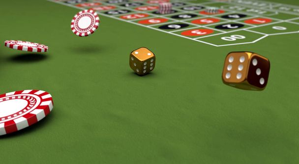 Casino theme, playing chips and gold dices on a gaming table, 3d illustration - Photo, Image