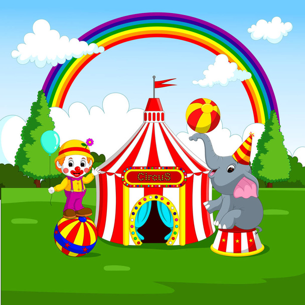 Circus elephant and clown with carnival background - Vektör, Görsel