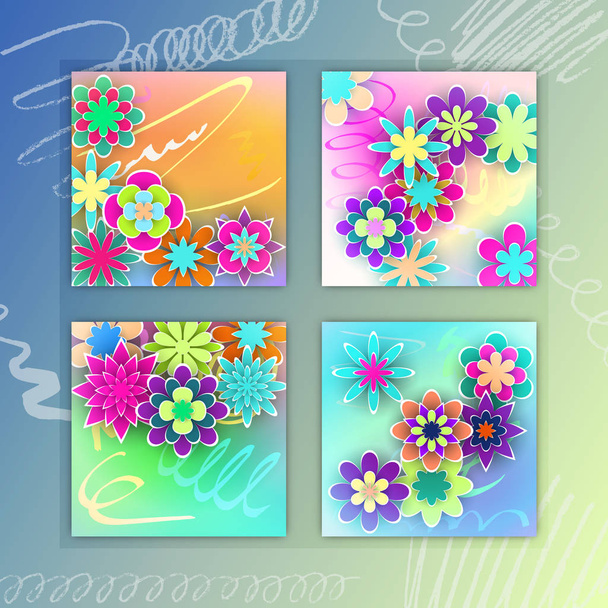 Conjunto de tarjetas cuadradas con flores de papel de colores
  - Vector, Imagen