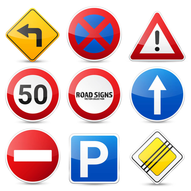 Road signs collection isolated on white background. Road traffic control.Lane usage.Stop and yield. Regulatory signs. - Wektor, obraz