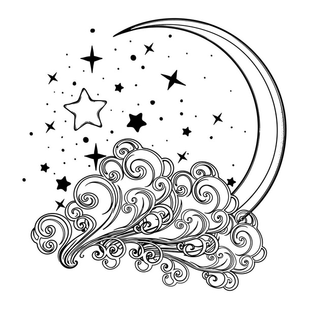 Luna creciente de estilo cuento de hadas con un rostro humano descansando sobre una nube rizada adornada con un cielo estrellado detrás. Paleta de pastel, fondo blanco. Patrón sin costura
. - Vector, imagen
