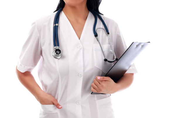 жінка-лікар з кишені, ізольована на білому
 - Фото, зображення