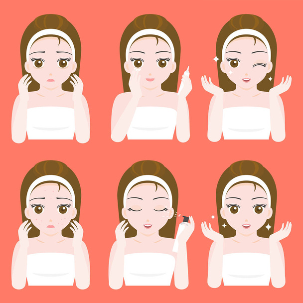 Cute pretty girl apply eye cream and spray skincare on face, flat design vector, before and after instruction for use in dermatology, cosmetic and spa product - ベクター画像