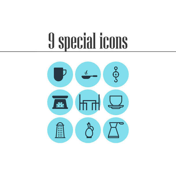 Ilustración vectorial de 9 iconos de utensilios de cocina. Paquete editable de taza de café, taza de té, herramienta de medición y otros elementos
. - Vector, Imagen