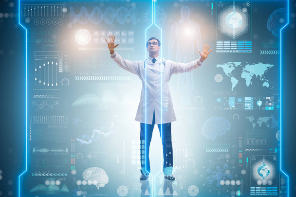 Lekarz w futurystycznej koncepcji medycznej naciśnięcie przycisku - Zdjęcie, obraz