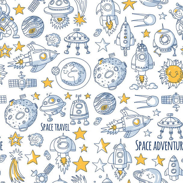 Saumaton vektori kuvio Avaruus, satelliitti, kuu, tähdet, avaruusalus, avaruusasema Avaruus käsin piirretty doodle kuvakkeita ja kuvioita
 - Vektori, kuva