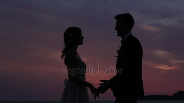 Sylwetka nowożeńców przed niebo o zachodzie słońca. Ja ślub - Materiał filmowy, wideo