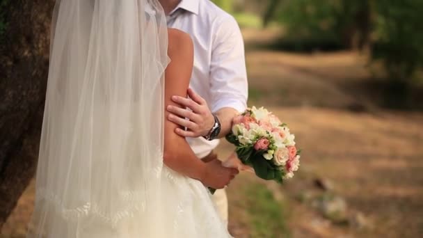 Der Bräutigam umarmt die Braut im Wald. Hochzeit in montenegr - Filmmaterial, Video