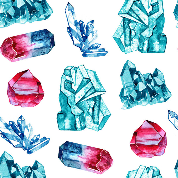 Watercolor crystals gems. Hand drawn seamless pattern on white background - Fotoğraf, Görsel