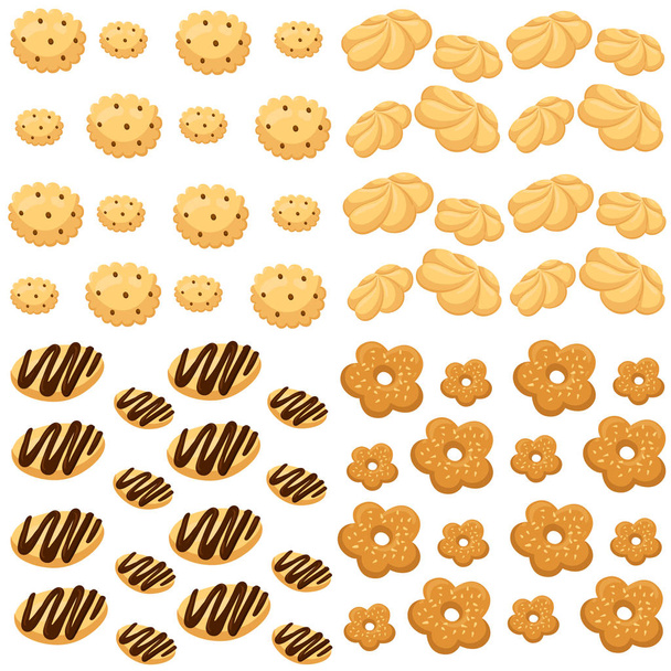 Çeşitli şekil ve tat dokuz lezzetli kurabiyeler beyaz yelpazesine izole illüstrasyon pasta kurabiye vektör. - Vektör, Görsel