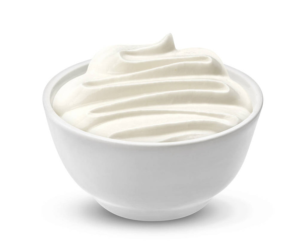 Sour cream in bowl isolated on white background - Photo, Image