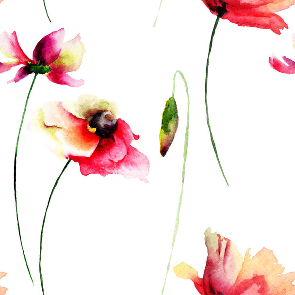 Seamless wallpaper with Poppies and Gerber flowers - Zdjęcie, obraz