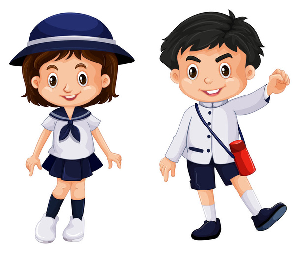 Japonés chico y chica en uniforme escolar
 - Vector, Imagen