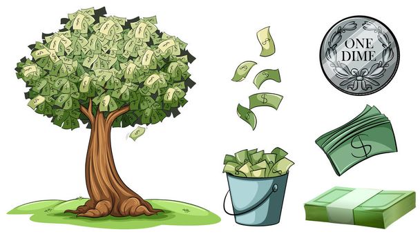 El dinero crece en el árbol y diferentes tipos de dinero
 - Vector, Imagen