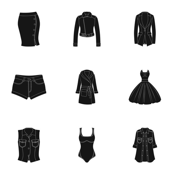 Collection of icons of womens clothing. Various womens clothes for work, walking, sports. Women clothing icon in set collection on black style vector symbol stock illustration. - Vektori, kuva