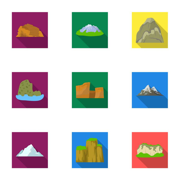 Set of icons about different mountains. Winter, summer mountains in one collection.Different mountains icon in set collection on flat style vector symbol stock illustration. - Vetor, Imagem