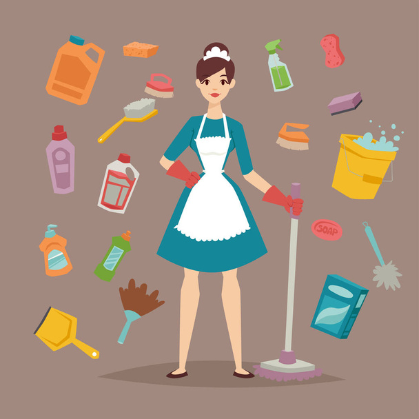 Housewife girl homemaker cleaning pretty girl wash cleanser chemical housework product equipment vector. - Vector, Image
