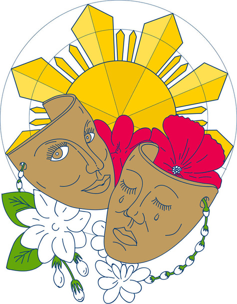 Drama masker Filippijnse zon Hibiscus bloem Sampaguita Mono Line - Vector, afbeelding