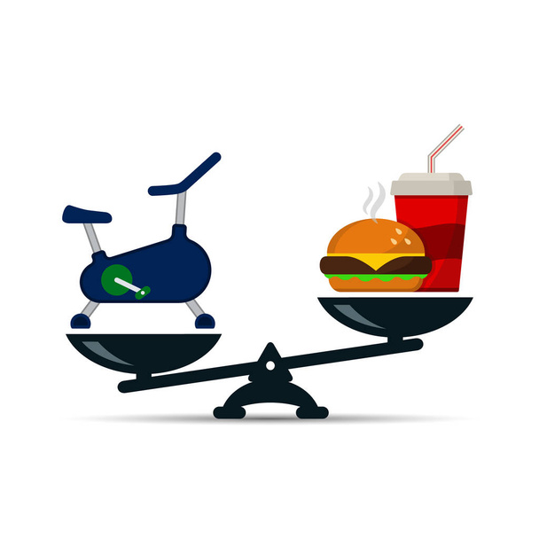 Exercise bike and fast food on scales, vector loss weight concept color illustration. - Vector, Image