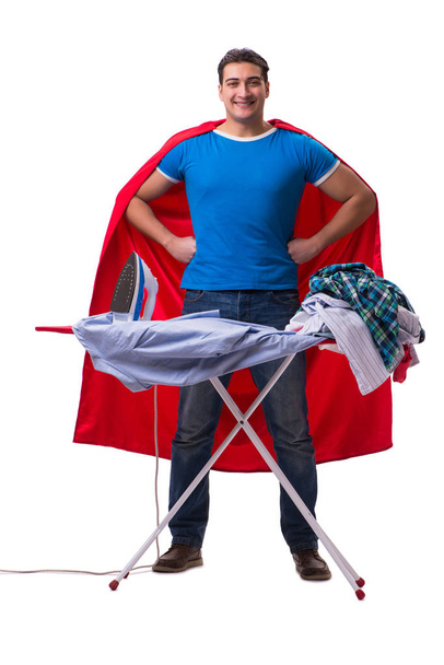 Superhelden-Mann bügelt isoliert auf Weiß - Foto, Bild