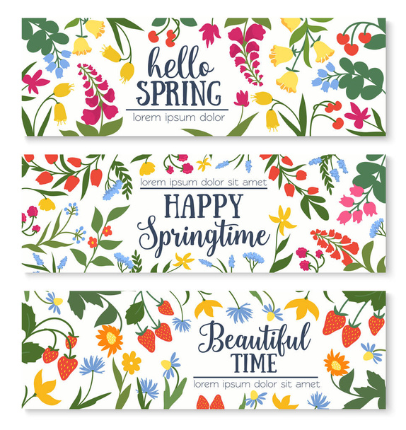 Banner floral de primavera con marco de flores y bayas
 - Vector, imagen
