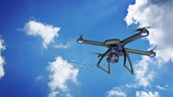 Дрон, квадрокоптер, с фотокамерой, летящей в голубом небе
.  - Кадры, видео