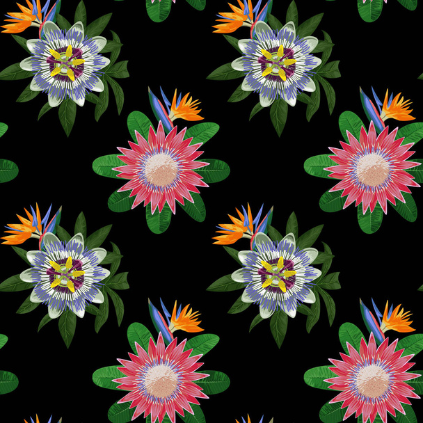 Seamless Pattern with Tropical Flowers - Vetor, Imagem