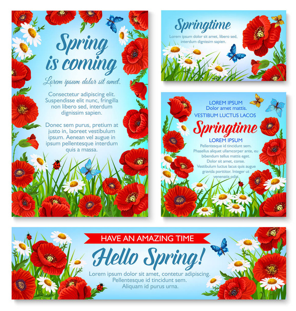 Hola primavera y primavera vacaciones banner floral
 - Vector, imagen