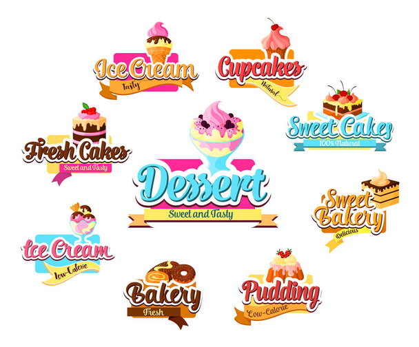 パン屋さんのデザート、焼き菓子やアイスクリームのシンボル セット - ベクター画像