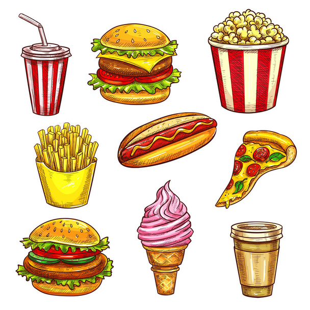 Fast food lunch takeaway dishes isolated sketch - Vector, Image