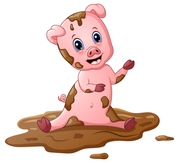 Cartoon porc jouer dans une flaque de boue
 - Vecteur, image