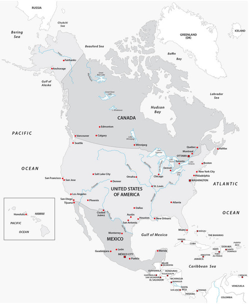 Kuzey Amerika Haritası siyah beyaz - Vektör, Görsel