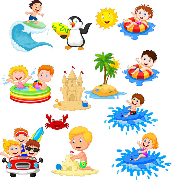 Cute little kids playing on the beach - Vector, Image