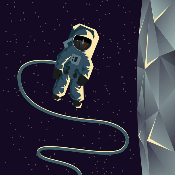 Astronaut ruimtewandeling in de buurt van de maan. Plat geometrische ruimte illustratie. - Vector, afbeelding