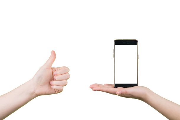 Hand holding smart phone isolated on white background - Фото, зображення