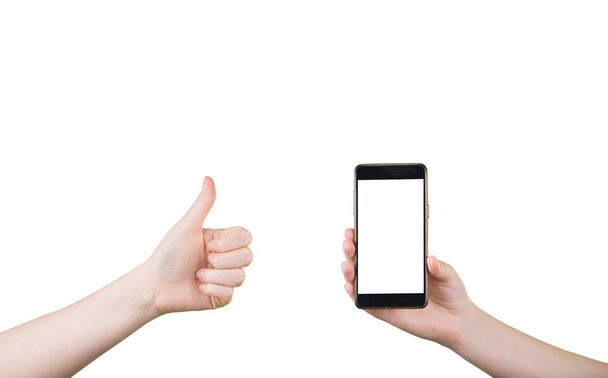 Hand holding smart phone isolated on white background - Foto, imagen