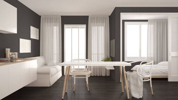 moderne minimale Küche und Wohnzimmer mit Schlafzimmer im Hintergrund - Foto, Bild