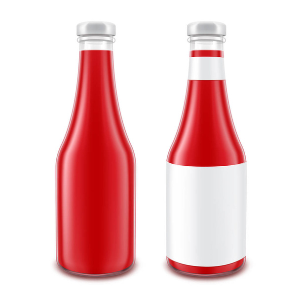 Ensemble vectoriel de bouteille de ketchup de tomate rouge en verre blanc pour l'image de marque sans étiquette blanche isolée sur fond
 - Vecteur, image