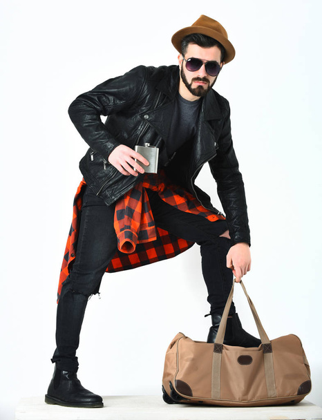 Bearded man, caucasian hipster with moustache holding flask - Foto, Imagen