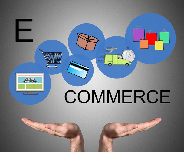 E-commerce concept ondersteund door open handen - Foto, afbeelding