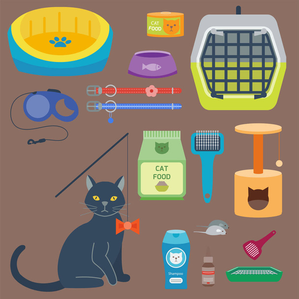 Colorful cat accessory cute vector animal icons pet equipment food domestic feline illustration. - Vector, Image