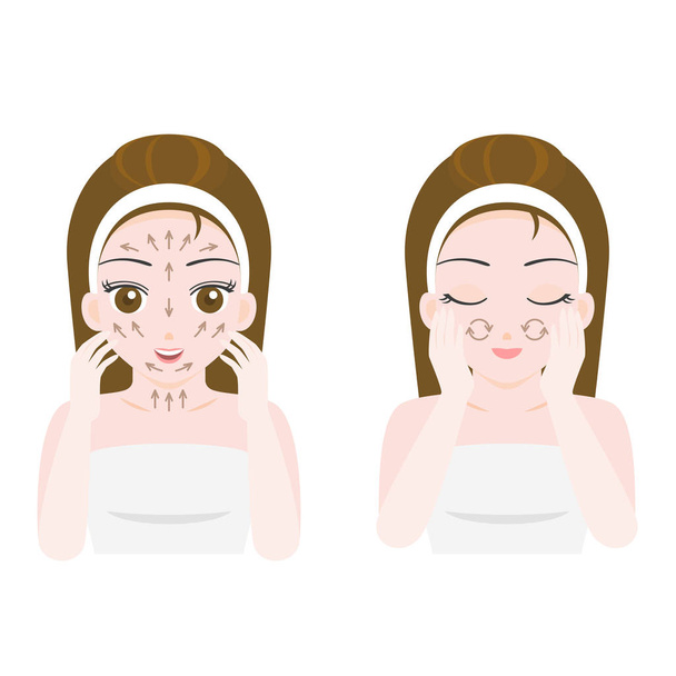 Masaje de mujer y exfoliante facial con flechas en diseño plano, para el cuidado de la piel producto
 - Vector, Imagen