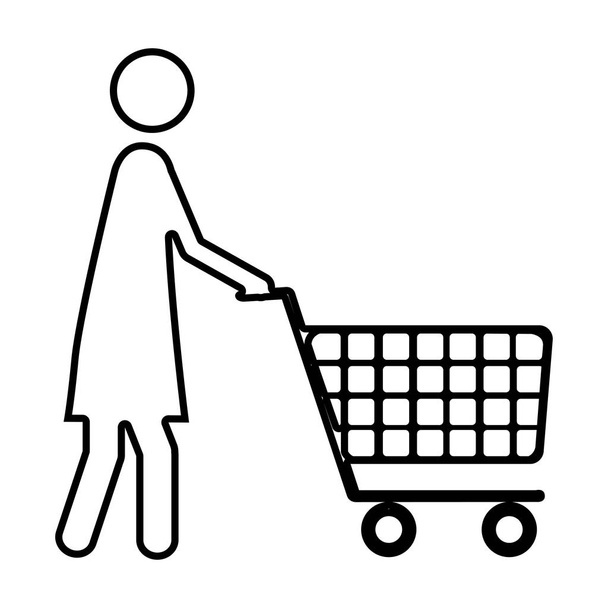 silueta monocromática de mujer pictograma con carrito de compras
 - Vector, Imagen