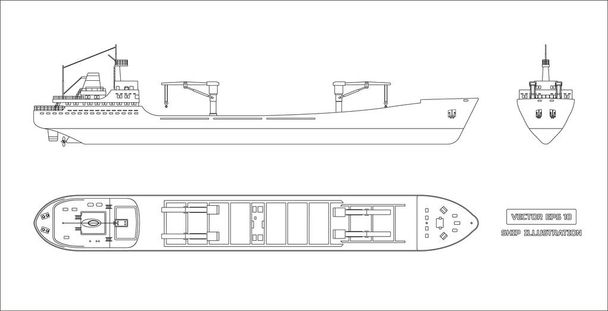 Esquema de dibujo del buque de carga sobre un fondo blanco. Vista superior, lateral y frontal. Transporte de contenedores
 - Vector, Imagen