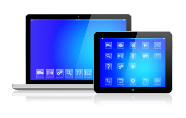 Ordenador portátil y tableta con pantalla azul
 - Foto, Imagen