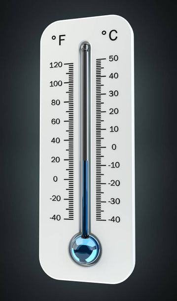 3d rendern kaltes weißes Thermometer, das niedrige Temperatur anzeigt - Foto, Bild